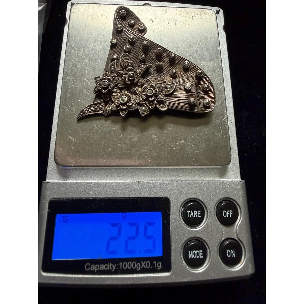 Victorian Style Sterling Silver & Marcasite Brooch Fan Flowers